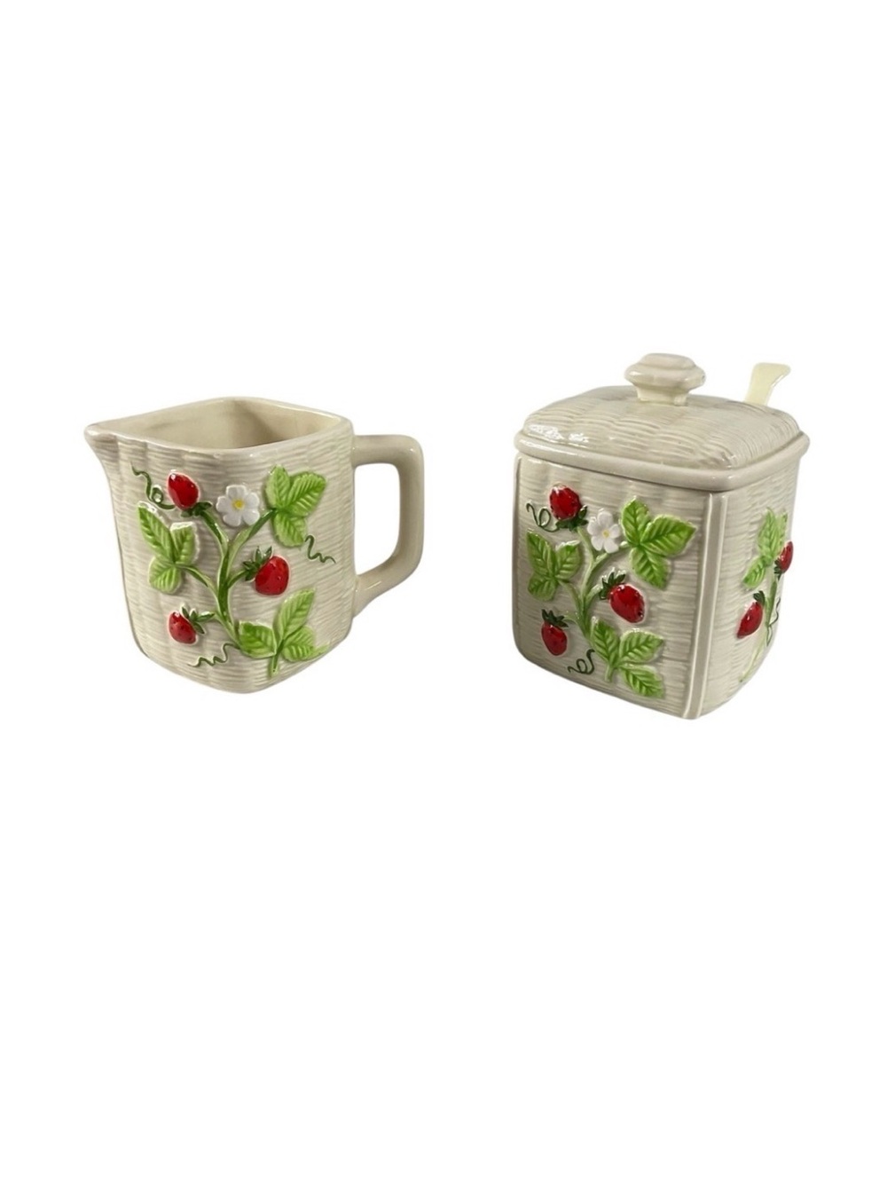 Vintage 1982 Otagiri Japan Strawberry Ceramic Creamer & Sugar Jar Set with Spoon